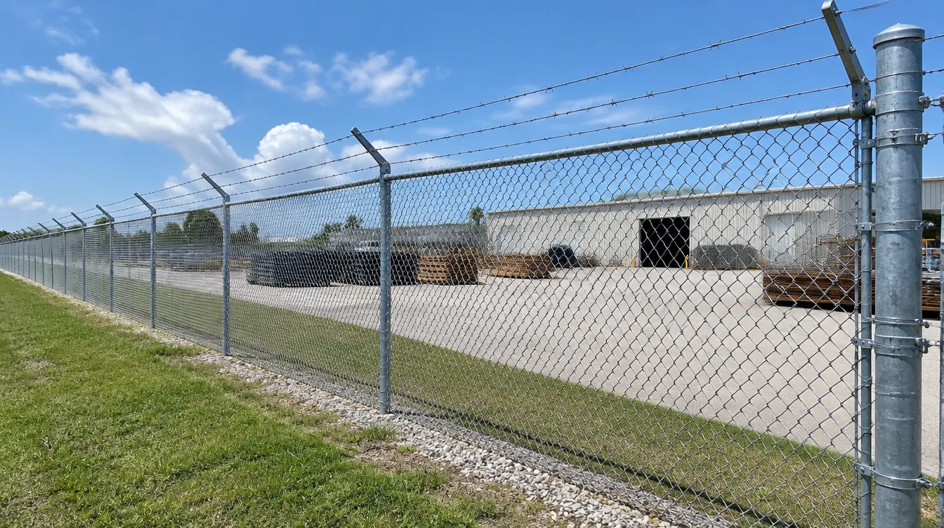 Eight foot galvanized chain link fence with three strand barbed wire around a Southwest Florida commercial yard