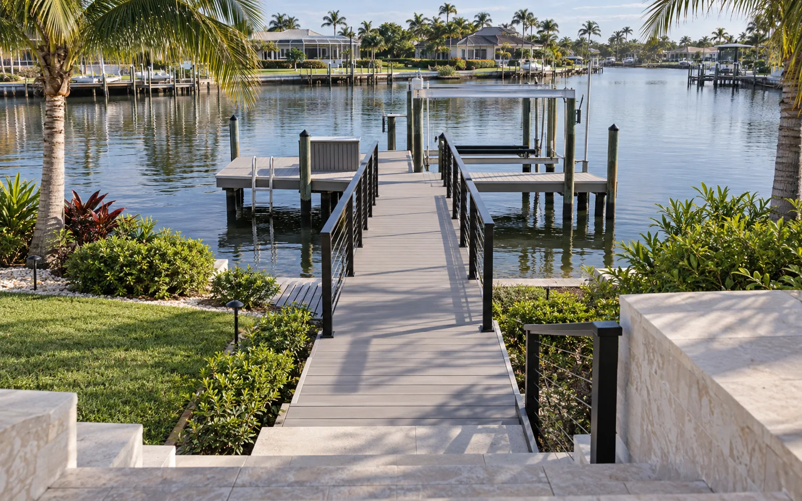Dock walkway leading from a Southwest Florida yard out to the water