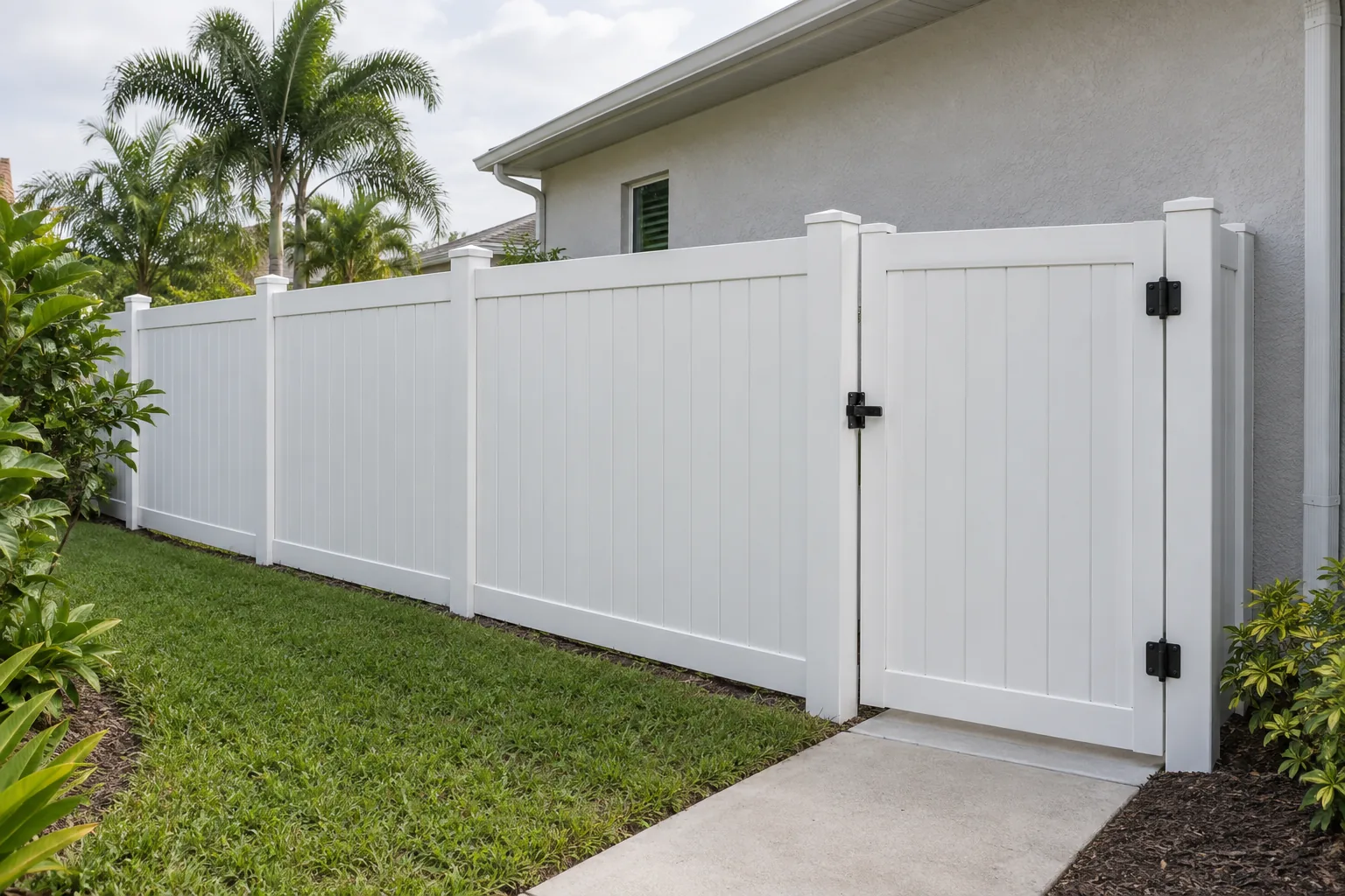 White vinyl privacy fence with flat-top panels