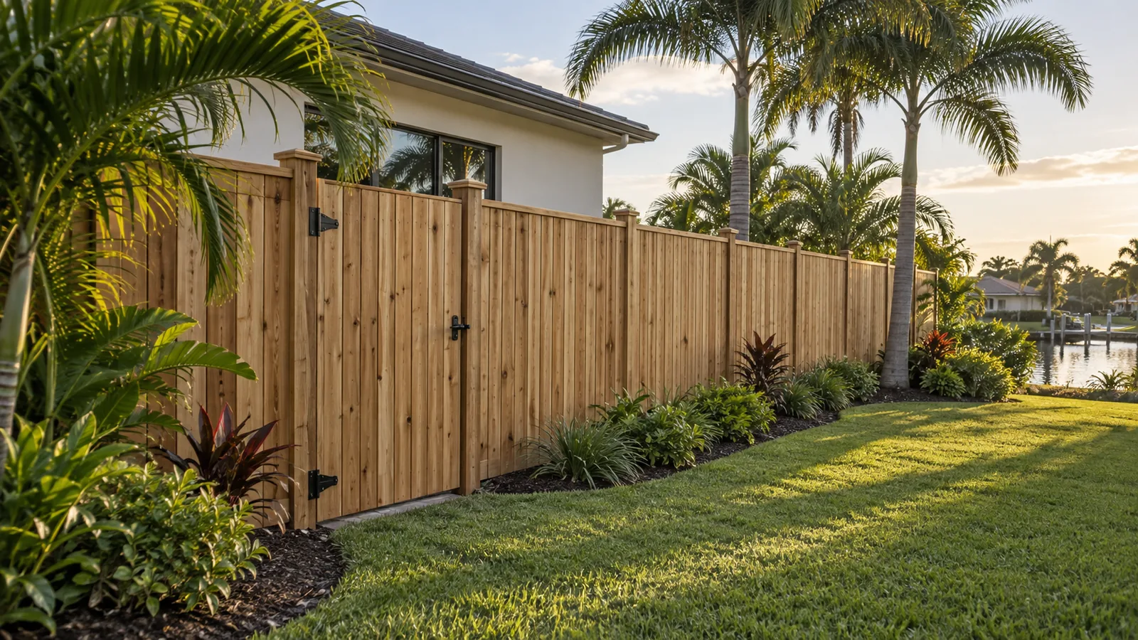 Wood privacy fence with vertical boards and a flat top