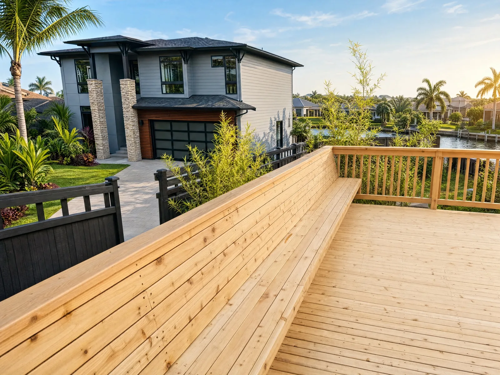 Timber deck with an integrated full-length bench