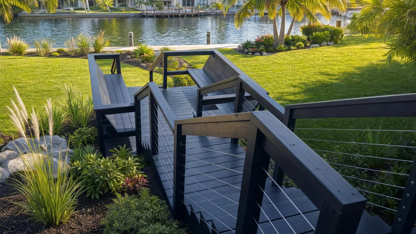 Dark garden steps with cable railings and seating