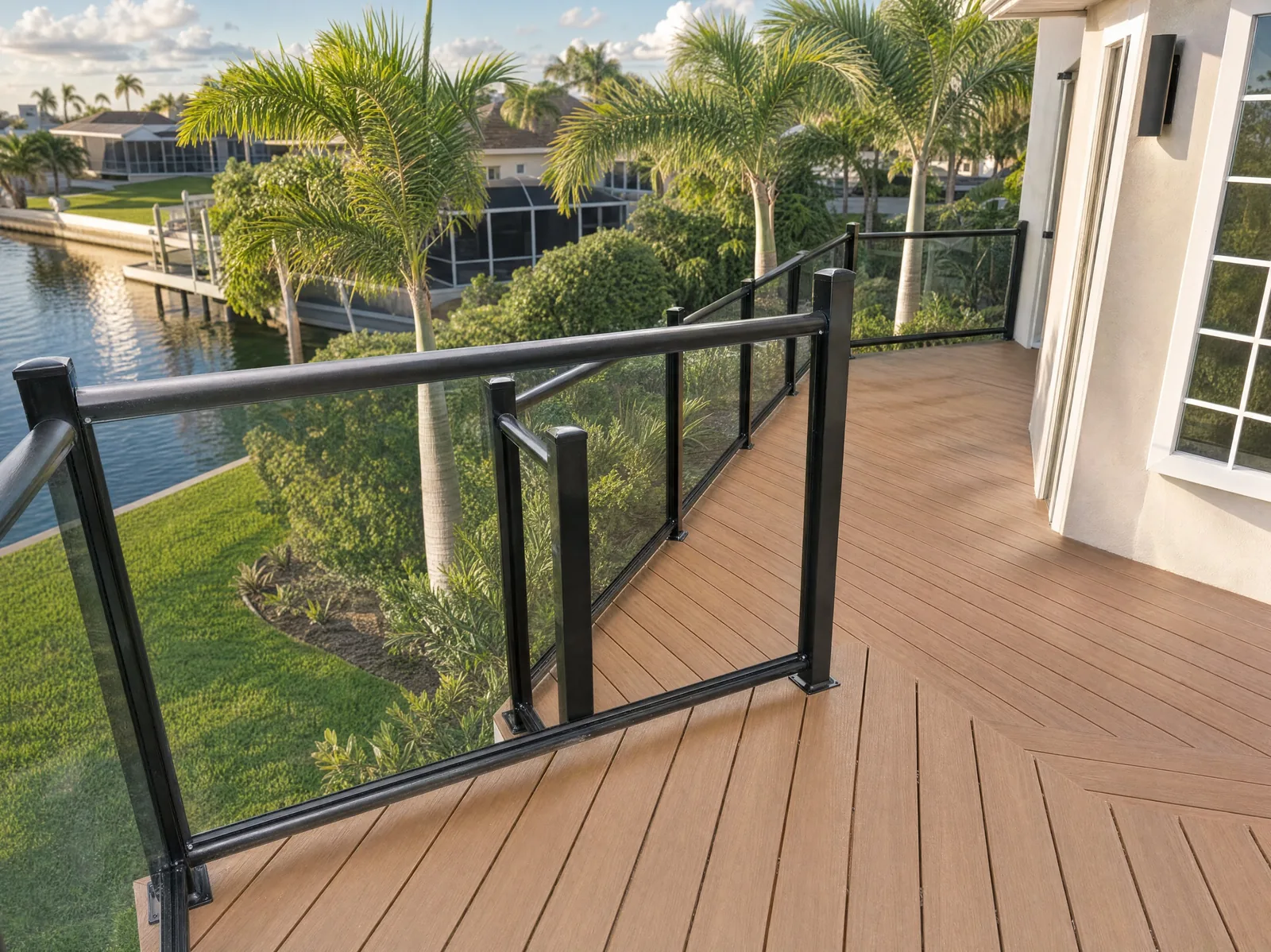 Deck with black framed glass railing